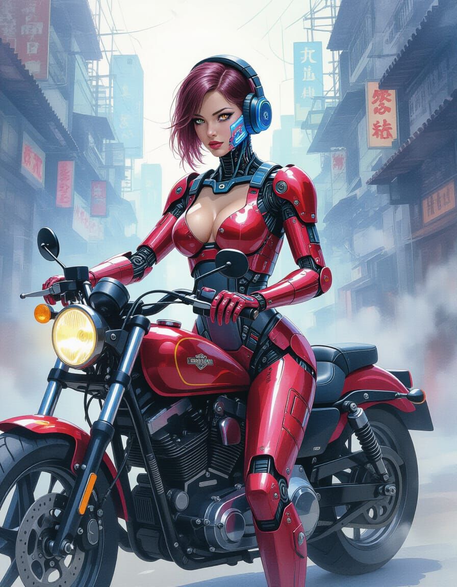 A mecha cyberpunk woman riding a Harley Davidson motorcycle