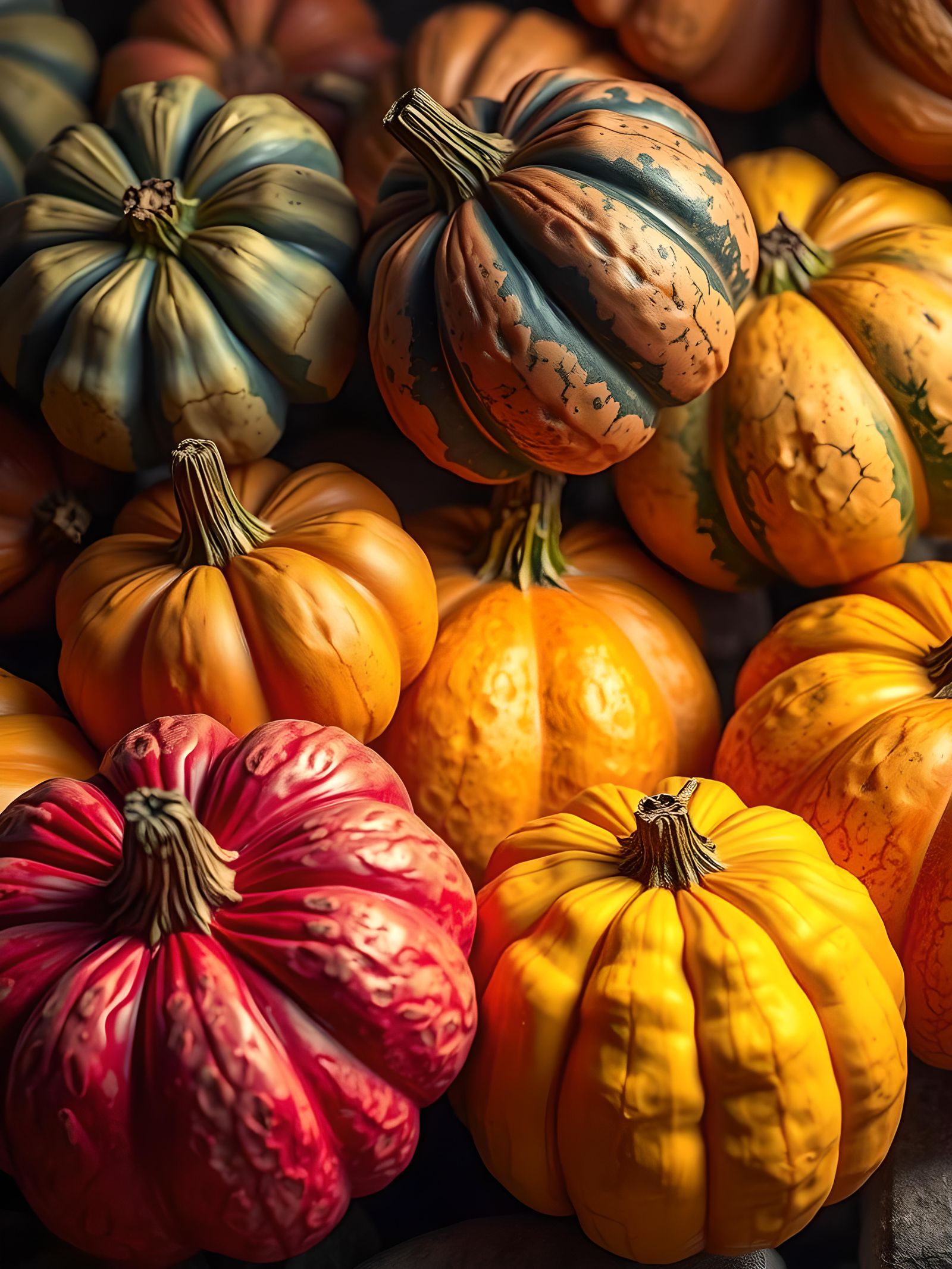 Colorful Gourds with Contrasting Textures in 8k