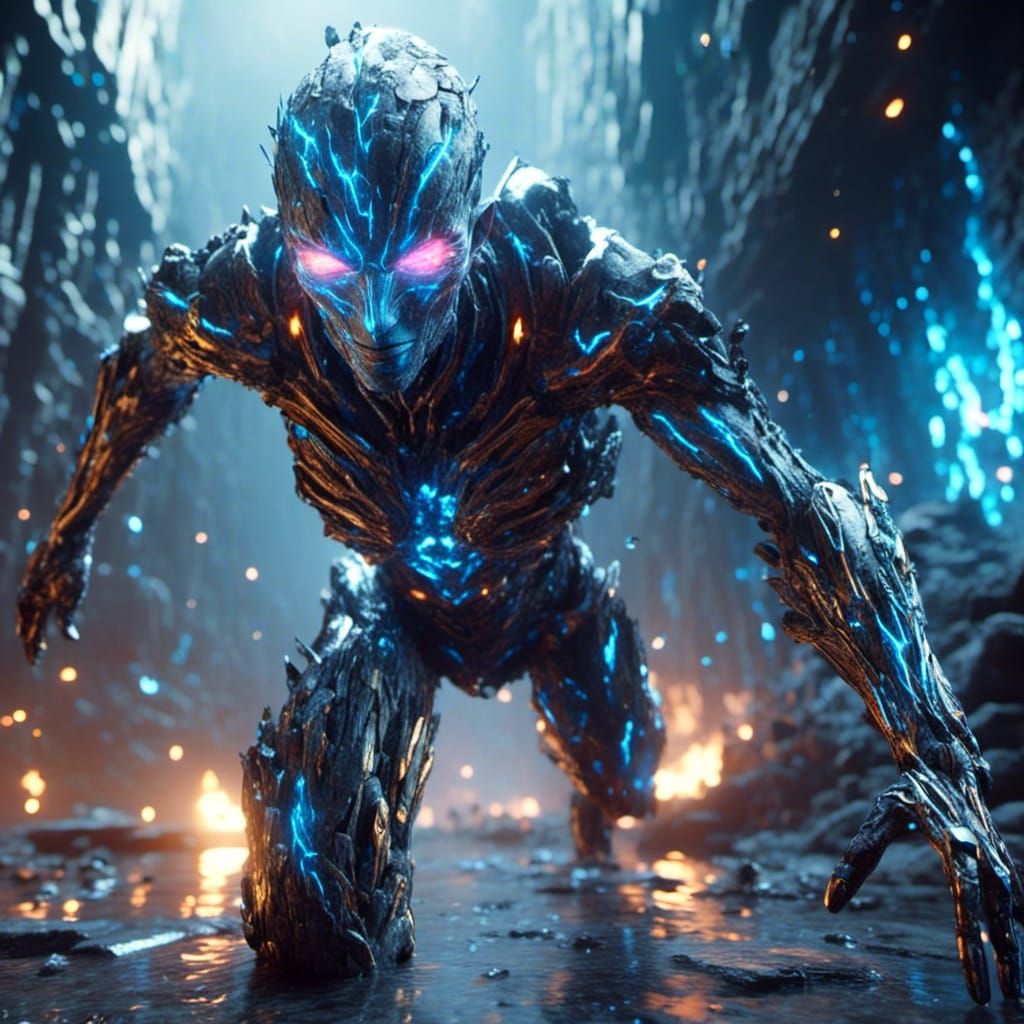 Android Boy Leaping in Fantastical Landscape