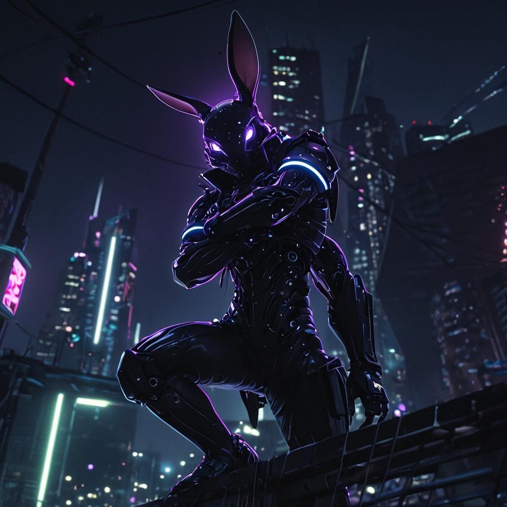 Rabbit Warrior in Golden Armor on Cyberpunk Skyline