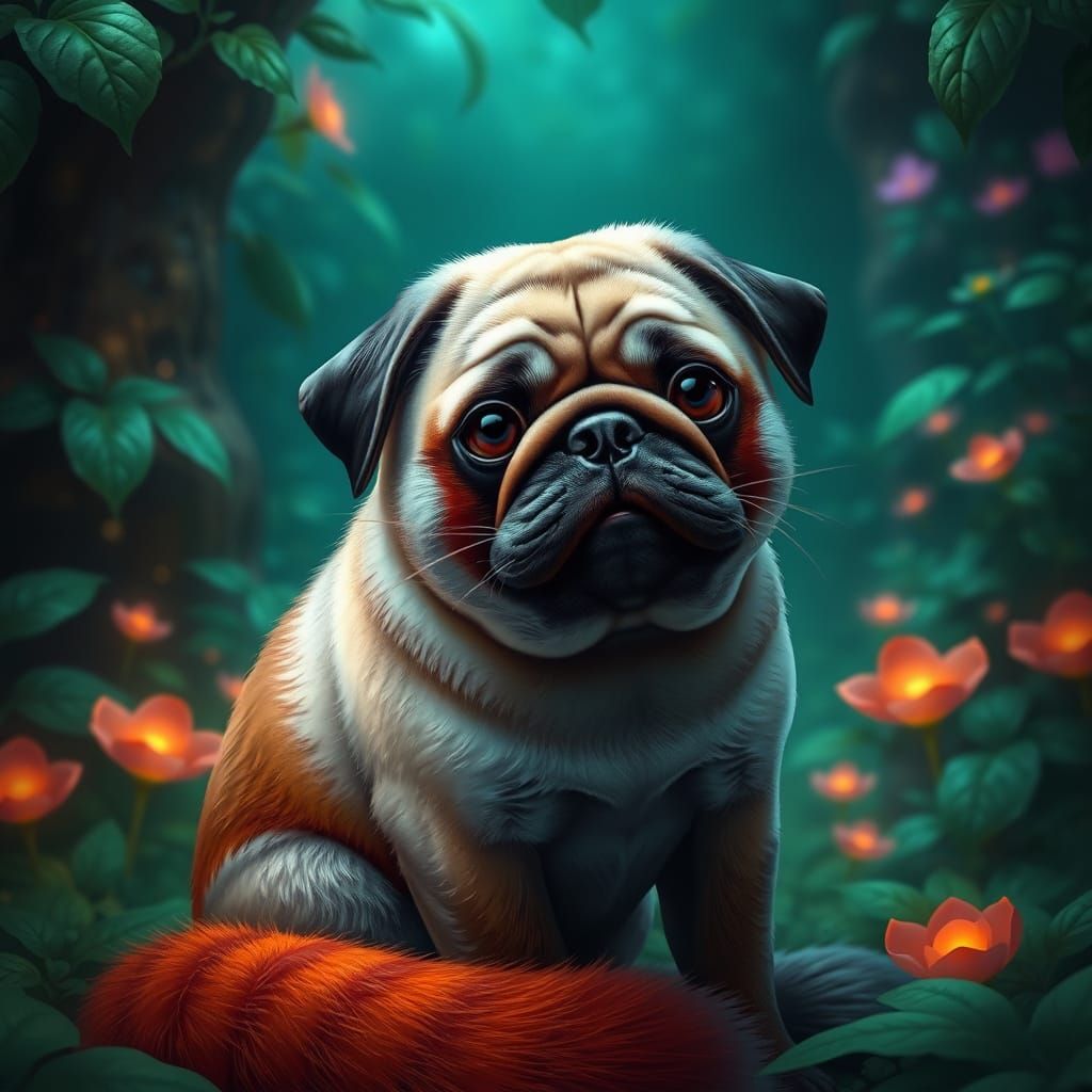Dreamlike Pug-Red Panda Hybrid in Emerald and Sapphire Hues