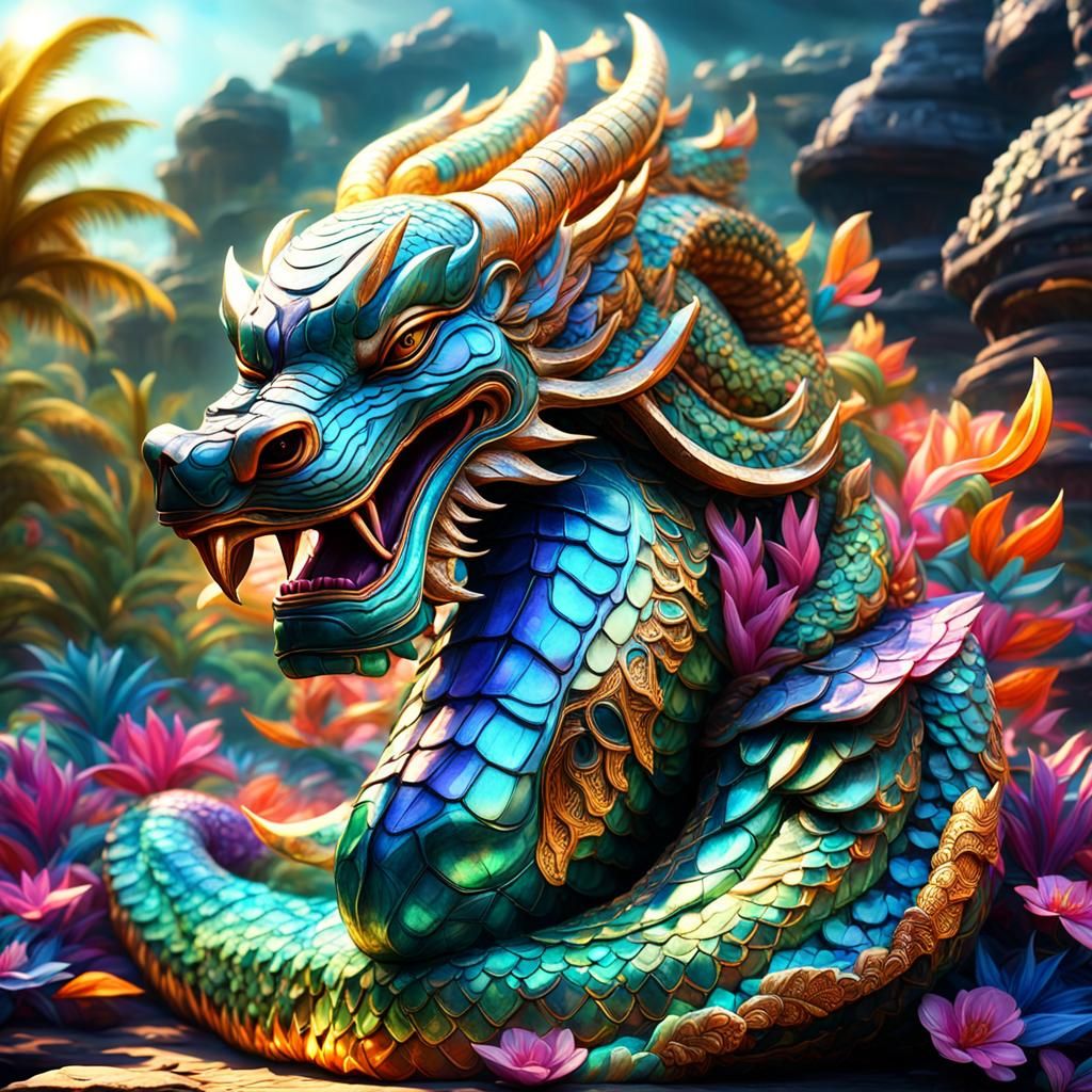 Epic Cambodian Naga in Opalescent CGI Diorama