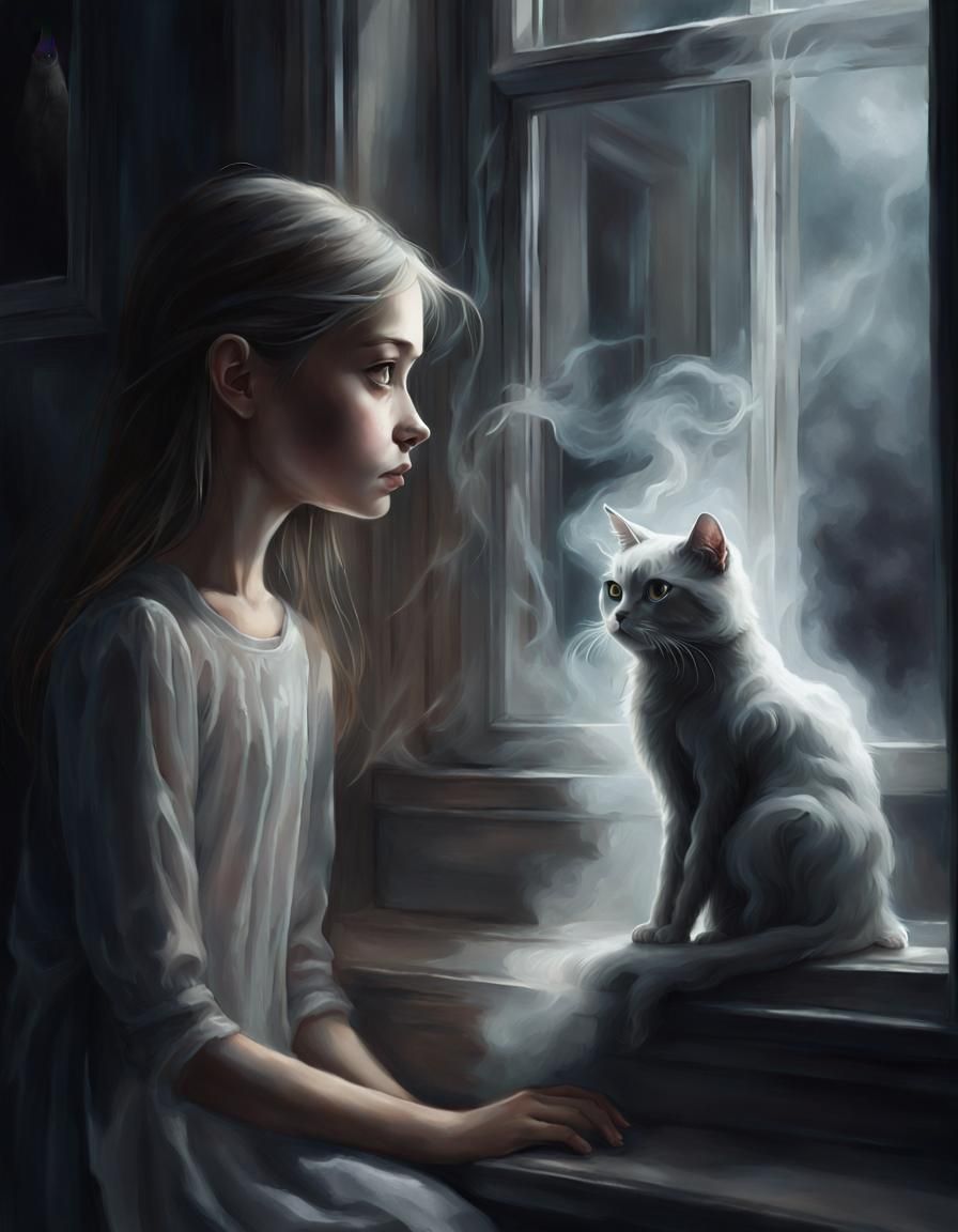 Girl and Ethereal Ghost Cat at Window