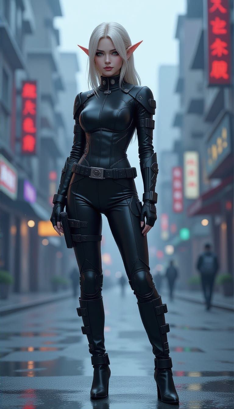 Anime Elf in Cyberpunk Stealth Suit