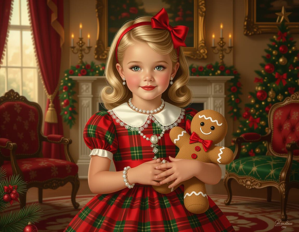 Elegant Girl with Gingerbread Man in Opulent Mansion