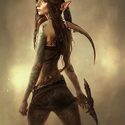 Tattooed Elven Huntress Portrait in Dark Fantasy Style