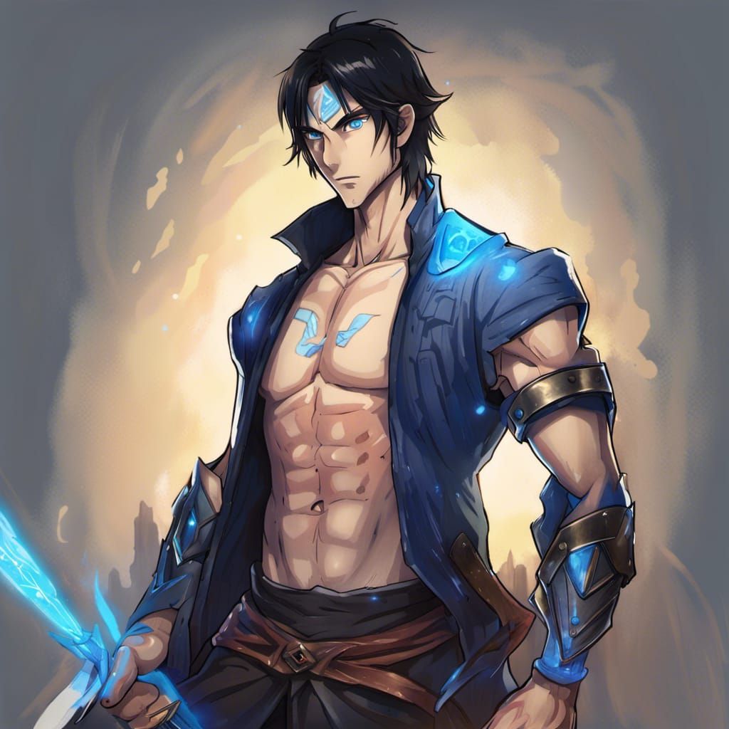 Anime Style Muscular Swordsman with Glowing Blade