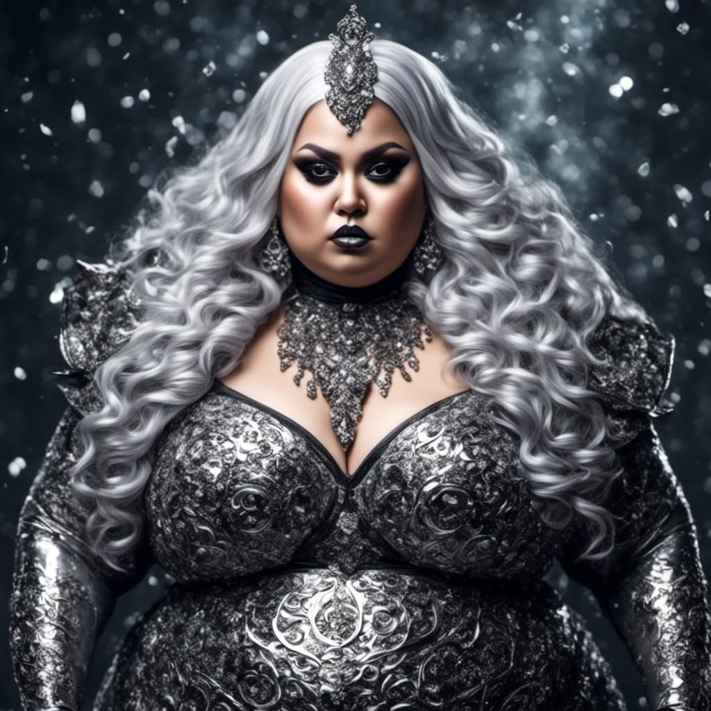 Curvy Woman in Latex Burkini with Silver Hair