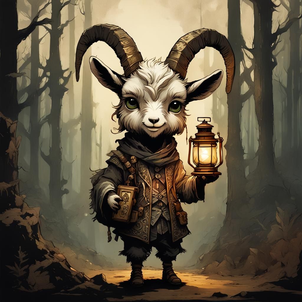 Cute Goat in Dark Forest, Digital Art