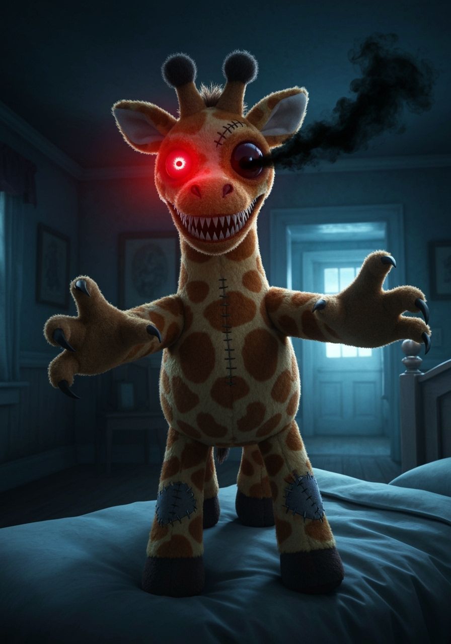 Sinister Pixar-Style Giraffe in Victorian Bedroom