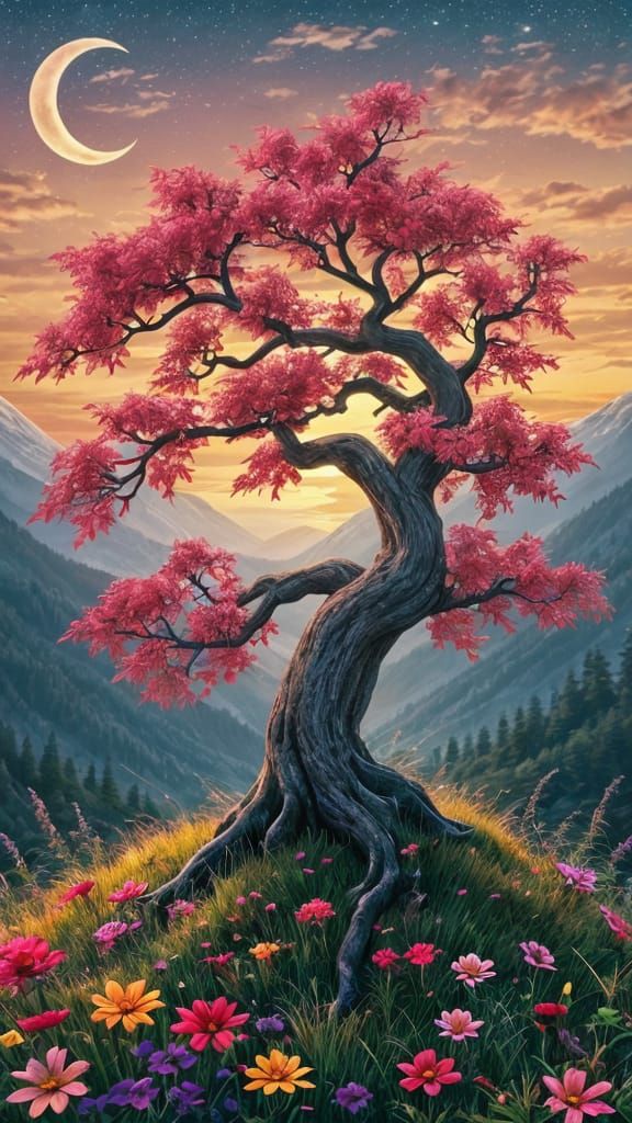 Vibrant Twisted Tree Sunset Digital Artwork