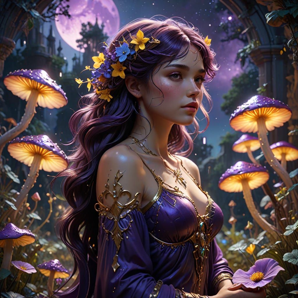 Mystical Gardens Shine Under Midnight Skies in Cyberpunk Sty...