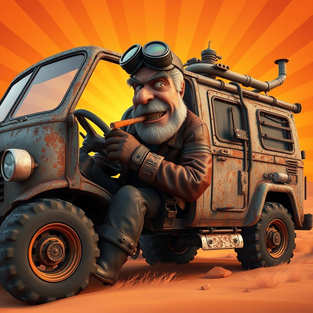 Mad Max-Inspired Survivor in a Post-Apocalyptic Van