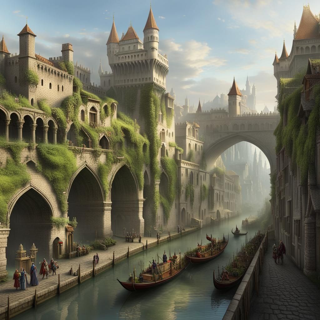 Ornate Fortress Beside Canal in Venetian City