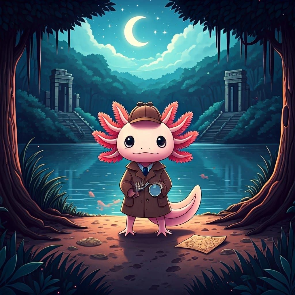 Whimsical Axolotl Detective in a Moonlit Mexican Landscape