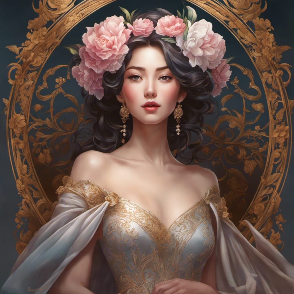 Detailed Portrait of Woman with Flower, Digital Art