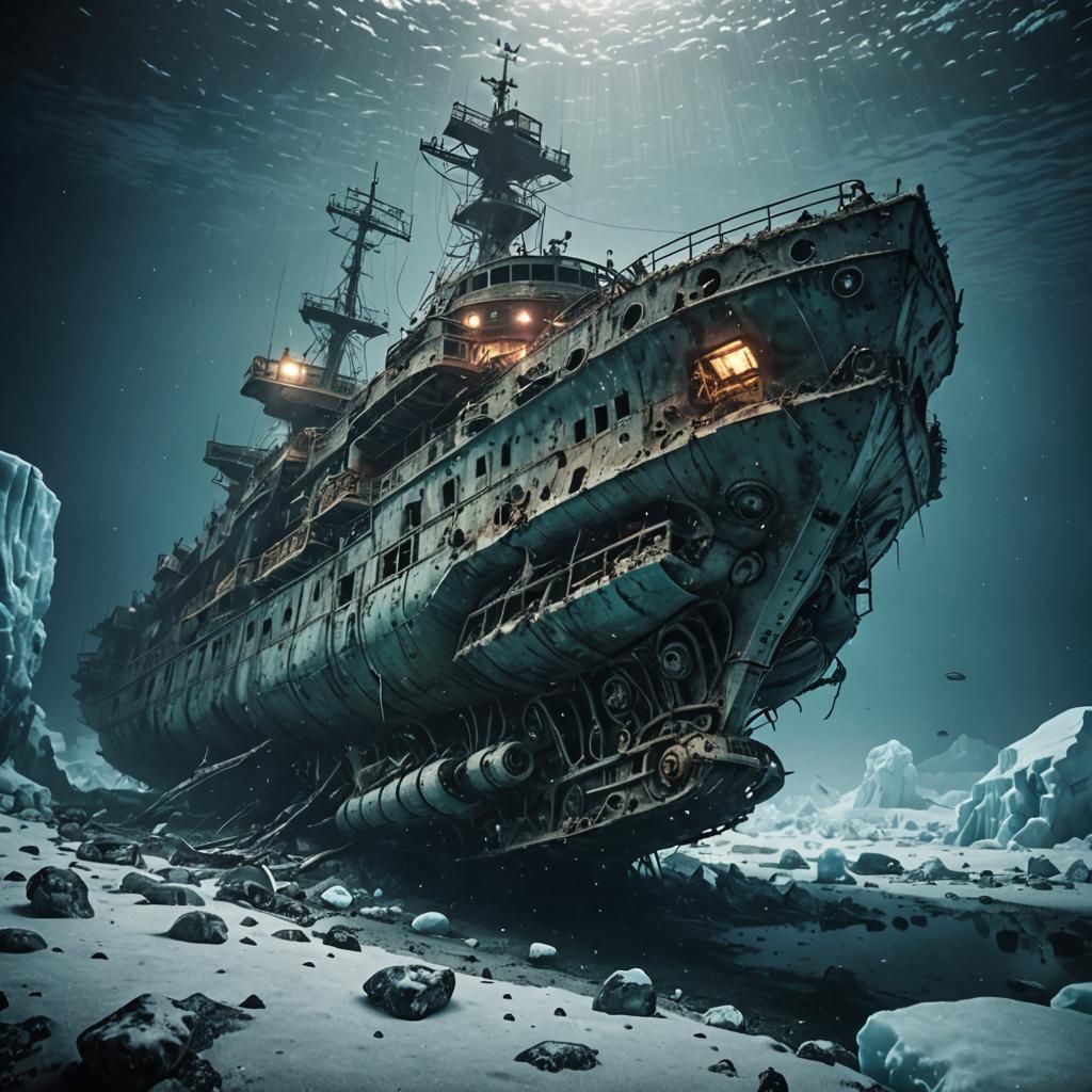 Sunken Starship Wreck in Frozen Antarctic Ocean