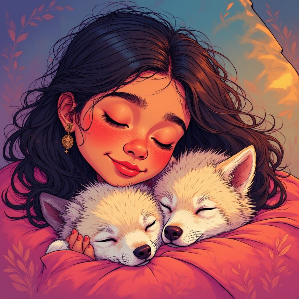 Native American Girl and Wolf Pup in Cartoon Style
