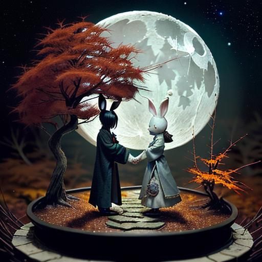 Starlit Night with Ornate Moon and Miniature People