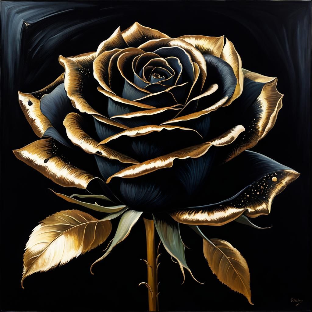 Grunge Style Black Rose Painting with Gold Highlights