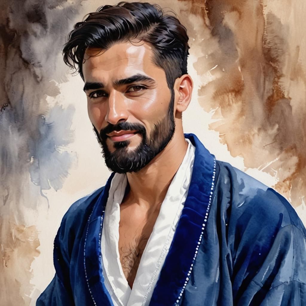 Handsome Man with Black Beard in Alcohol Ink Style