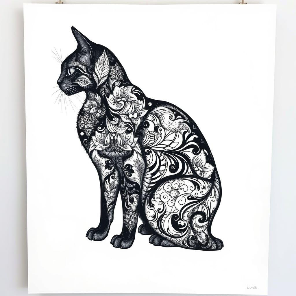 Majestic Black Cat Silhouette on White Canvas