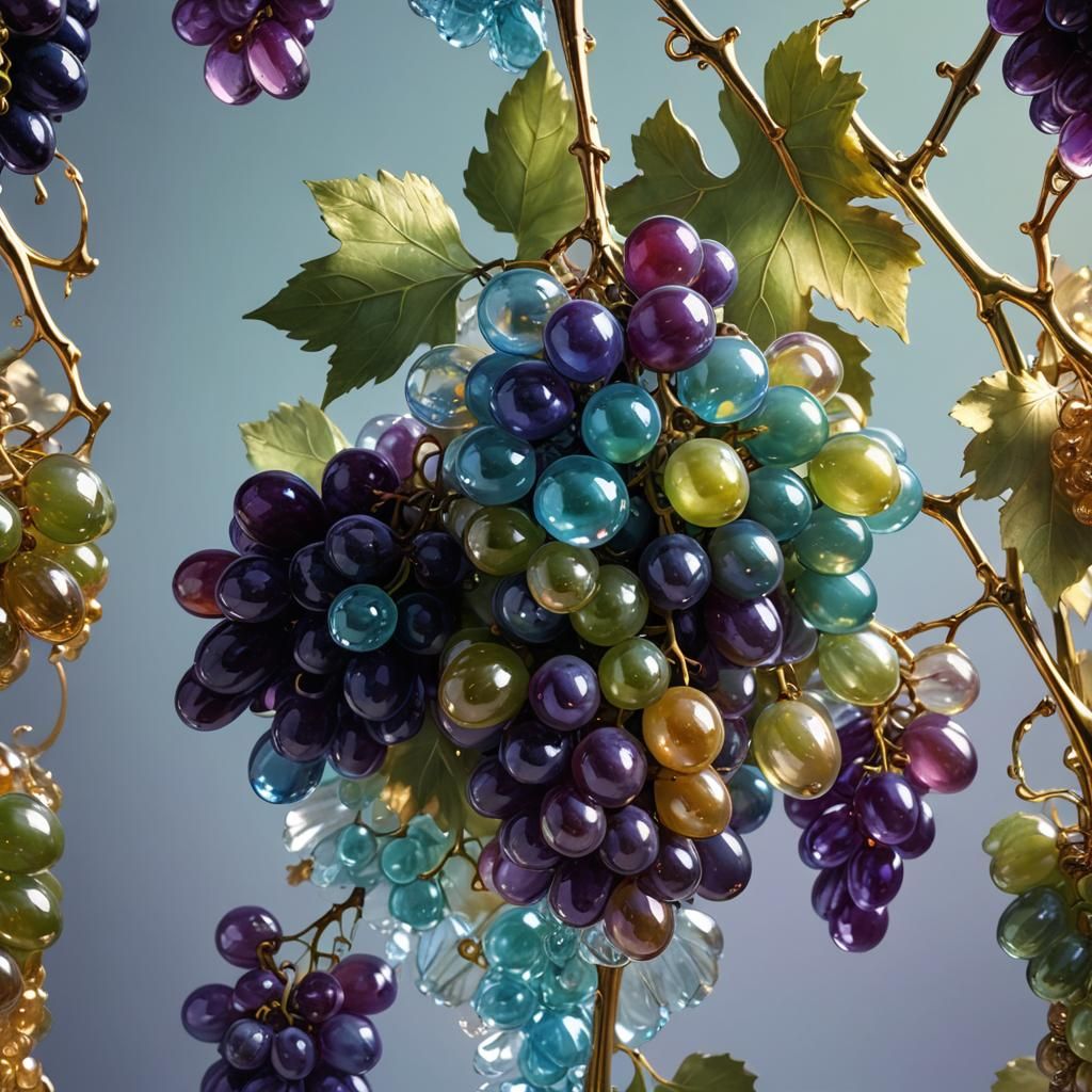Hyperrealistic Glass Grapes with Shimmering Iridescence
