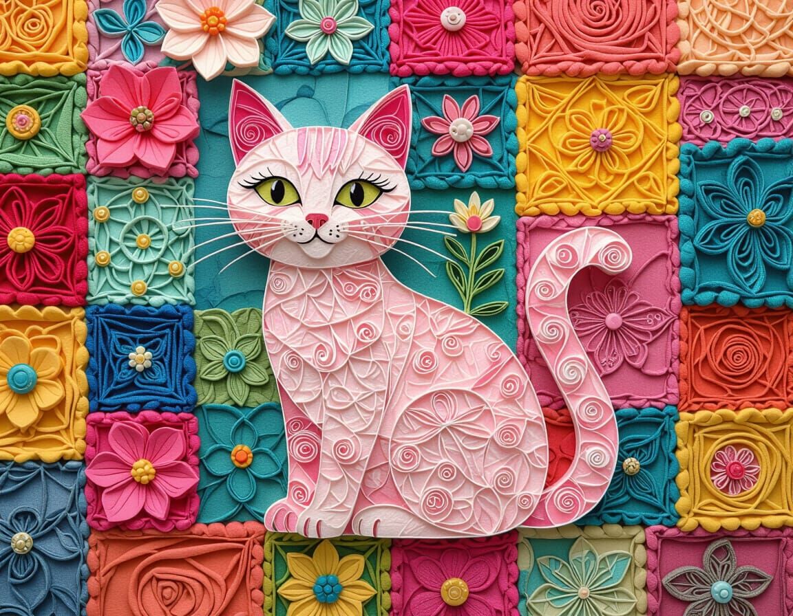 Whimsical Pink Paper Cat with Embroidered Background