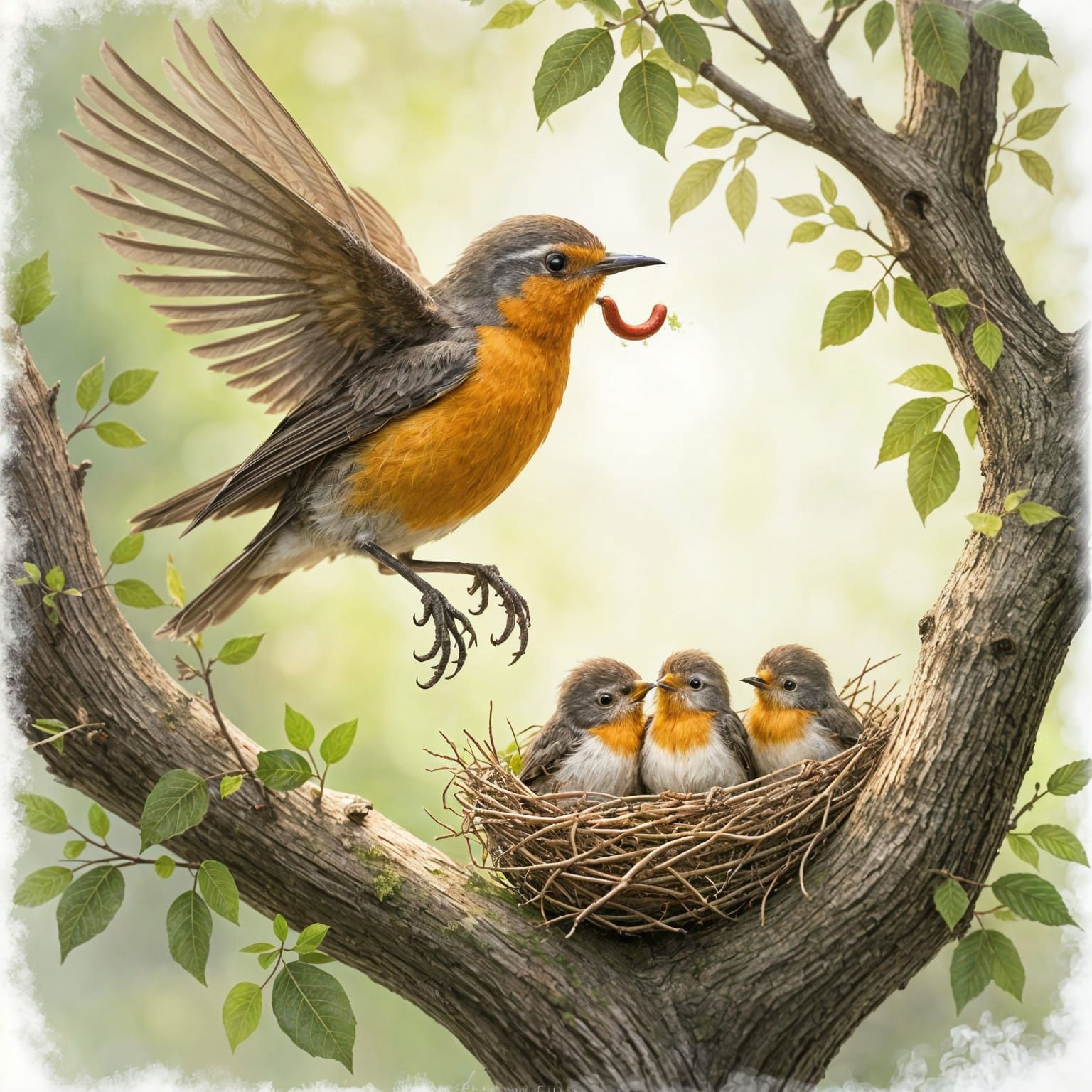 A proud mother robin hovers gracefully above her nest nestle...