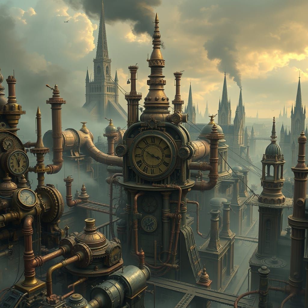 Steampunk Metropolis with Clockwork Machines and Gothic Spir...