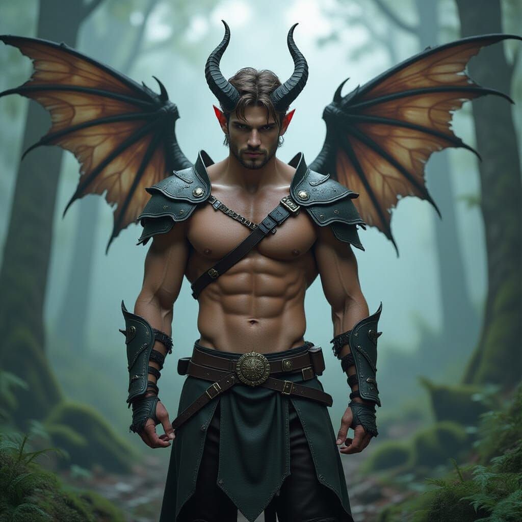 Hyperrealistic Muscular Pixie Monster in Misty Forest