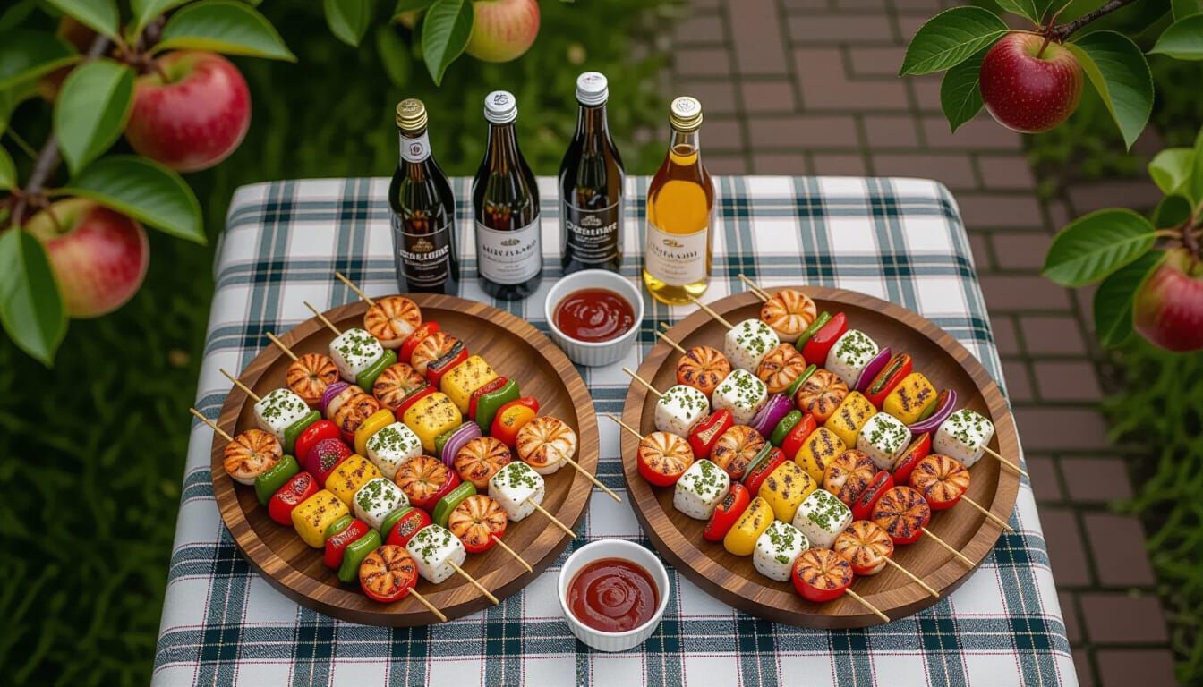 Grilled Seafood Skewers in Rustic Countryside Setting