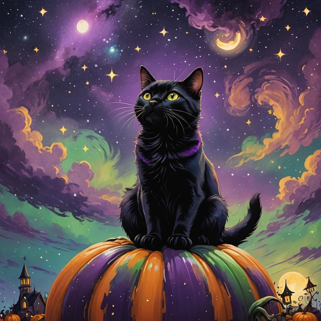 Black Cat on Pumpkin in Starry Fantasy Art