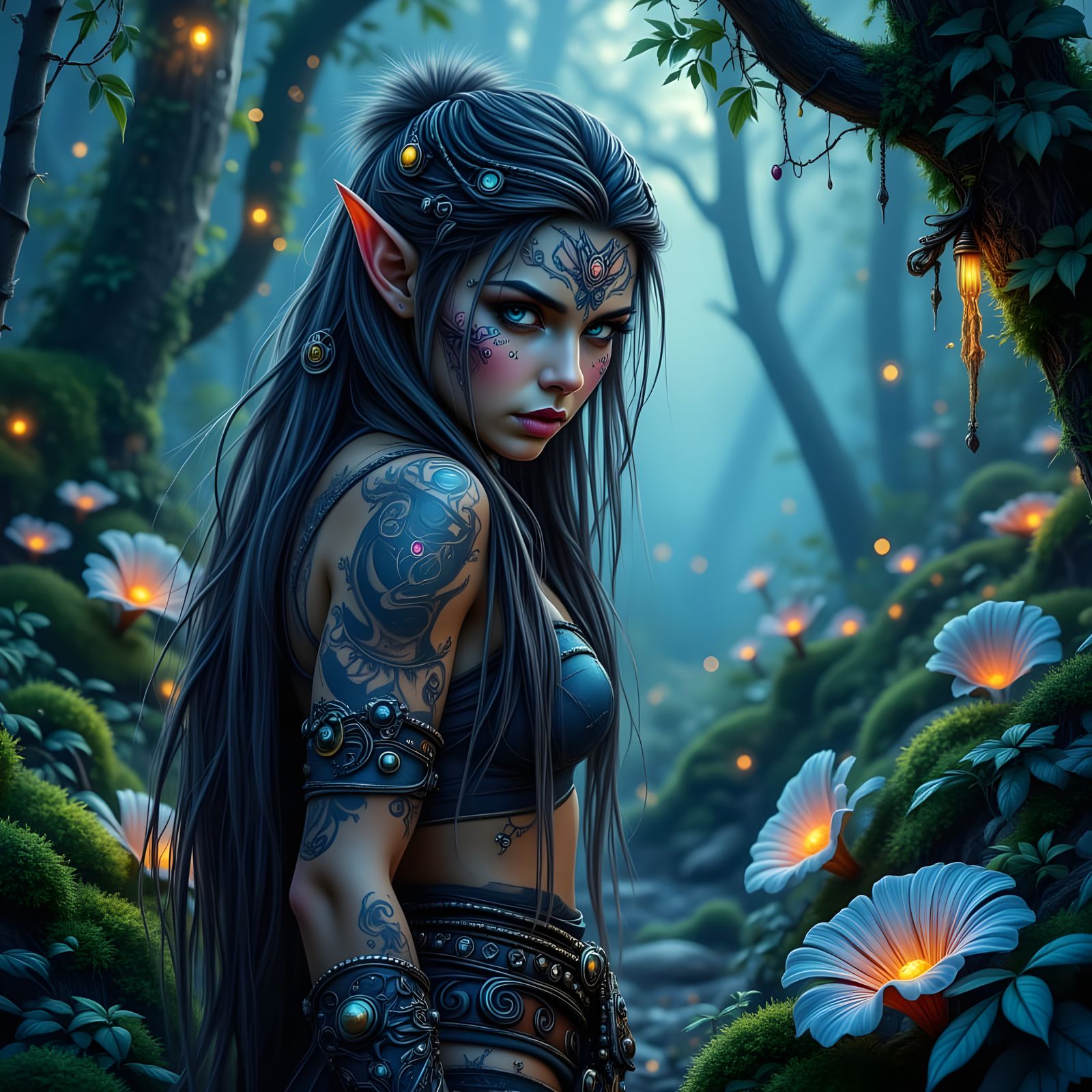 Elven Barbarian with Cybernetic Implants in Enchanted Forest