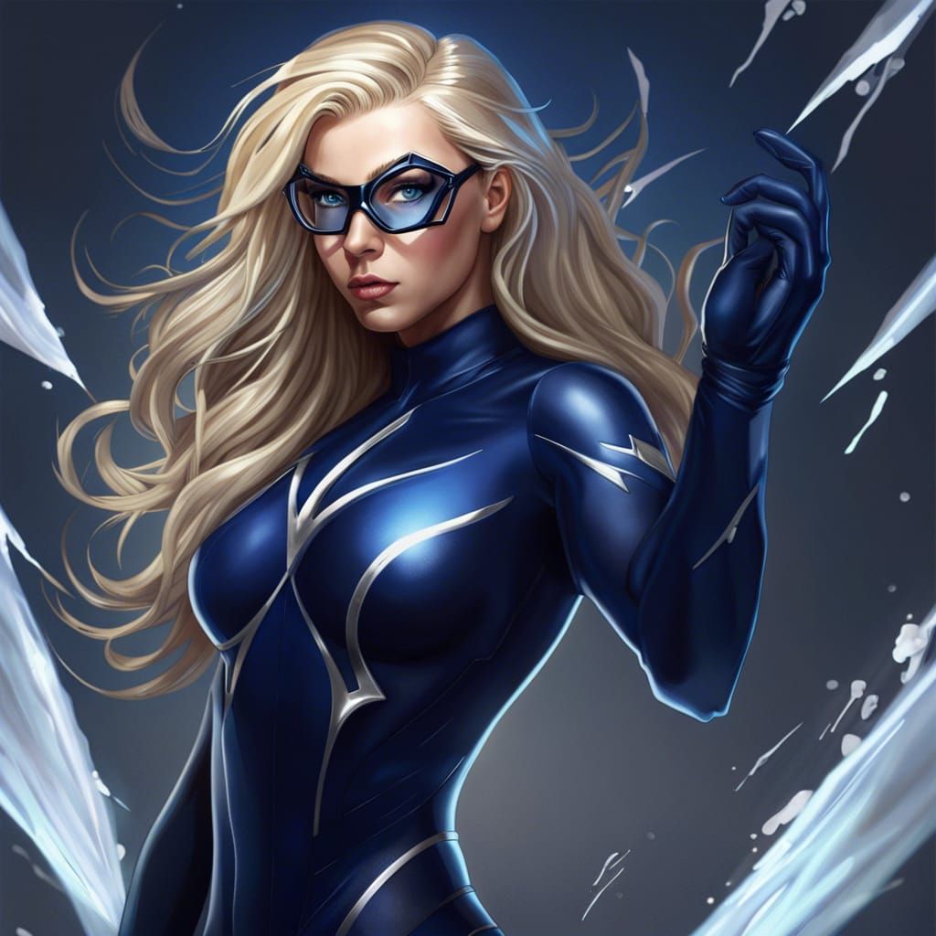 Superhero Girl in Dark Blue Suit, Hyperrealistic Style