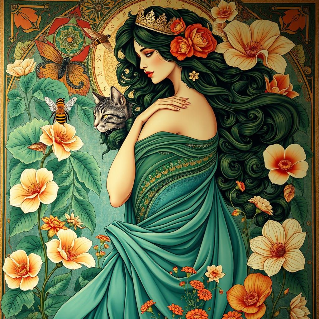 Elegant Woman in Art Nouveau Mural with Majestic Cat and Del...