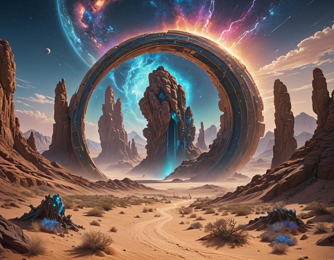 Cosmic Time Portal Over Alien Desert Landscape