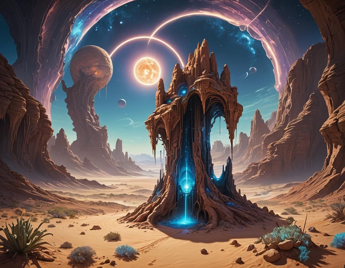 Cosmic Time Portal Over Alien Desert Landscape