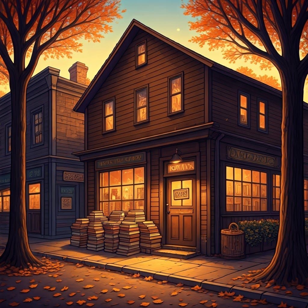 Warm Autumn Afternoon Scene in Whimsical Bookstore Style