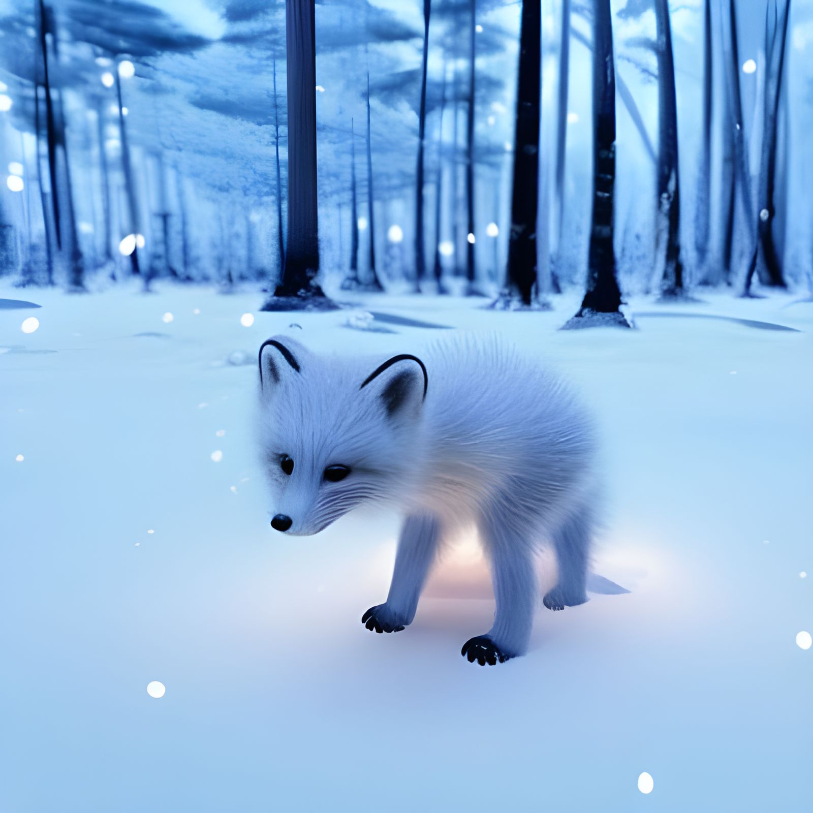 Adorable Arctic Fox in Snowy Forest, Art Nouveau