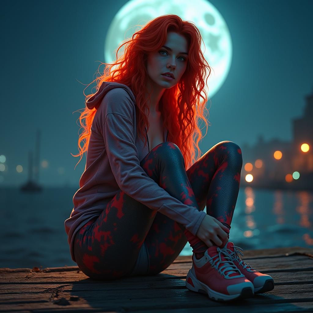 Redhead in Sportswear, Moonlit Night, Art Nouveau Style