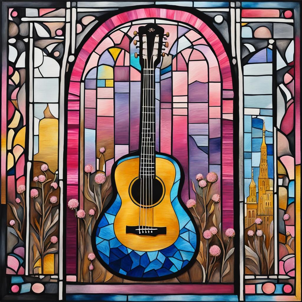 Stained Glass Guitar and Dandelion in Gouache Style