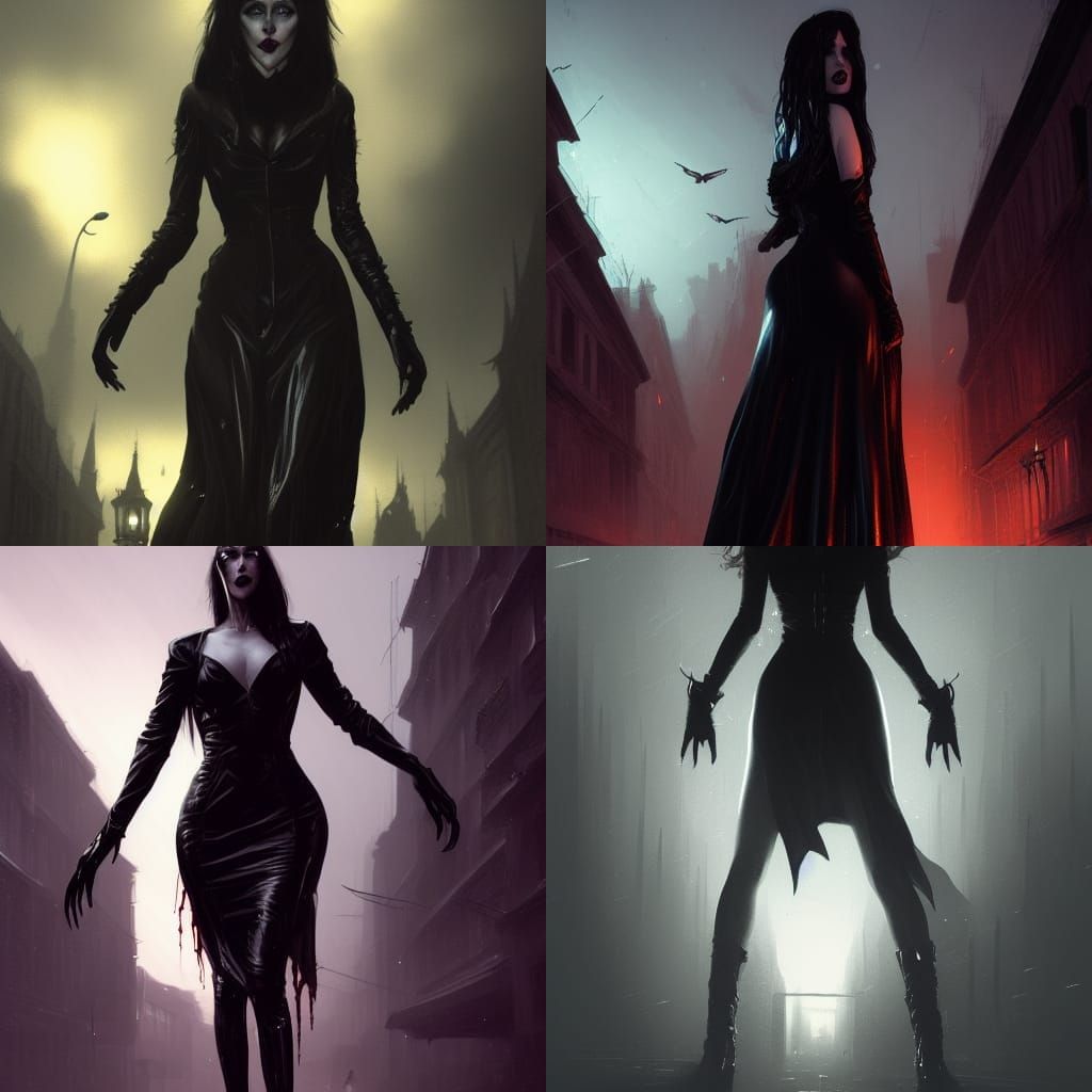 A vampire woman in a black leather dress walks down the stre...