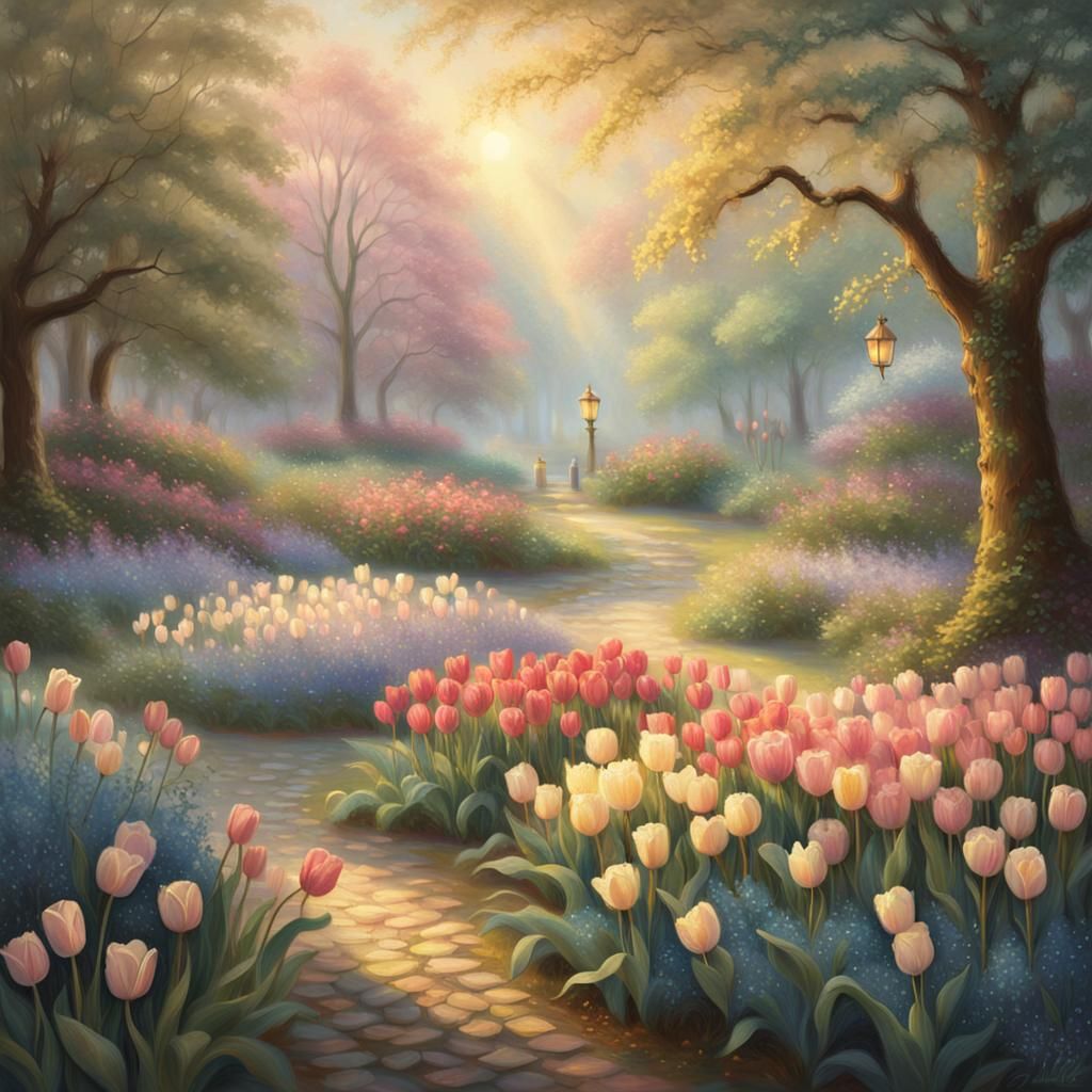 Lush Tulip Garden in Golden Light