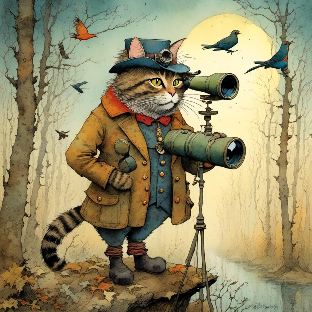 Anthropomorphic Cat Birdwatching: Vibrant Watercolor Illustr...