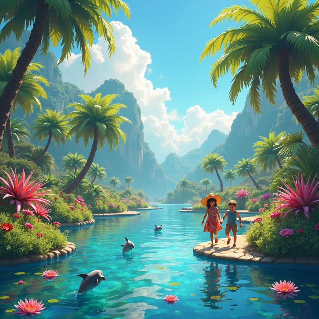Lush Tropical Island with Children, in Matte Painting Style