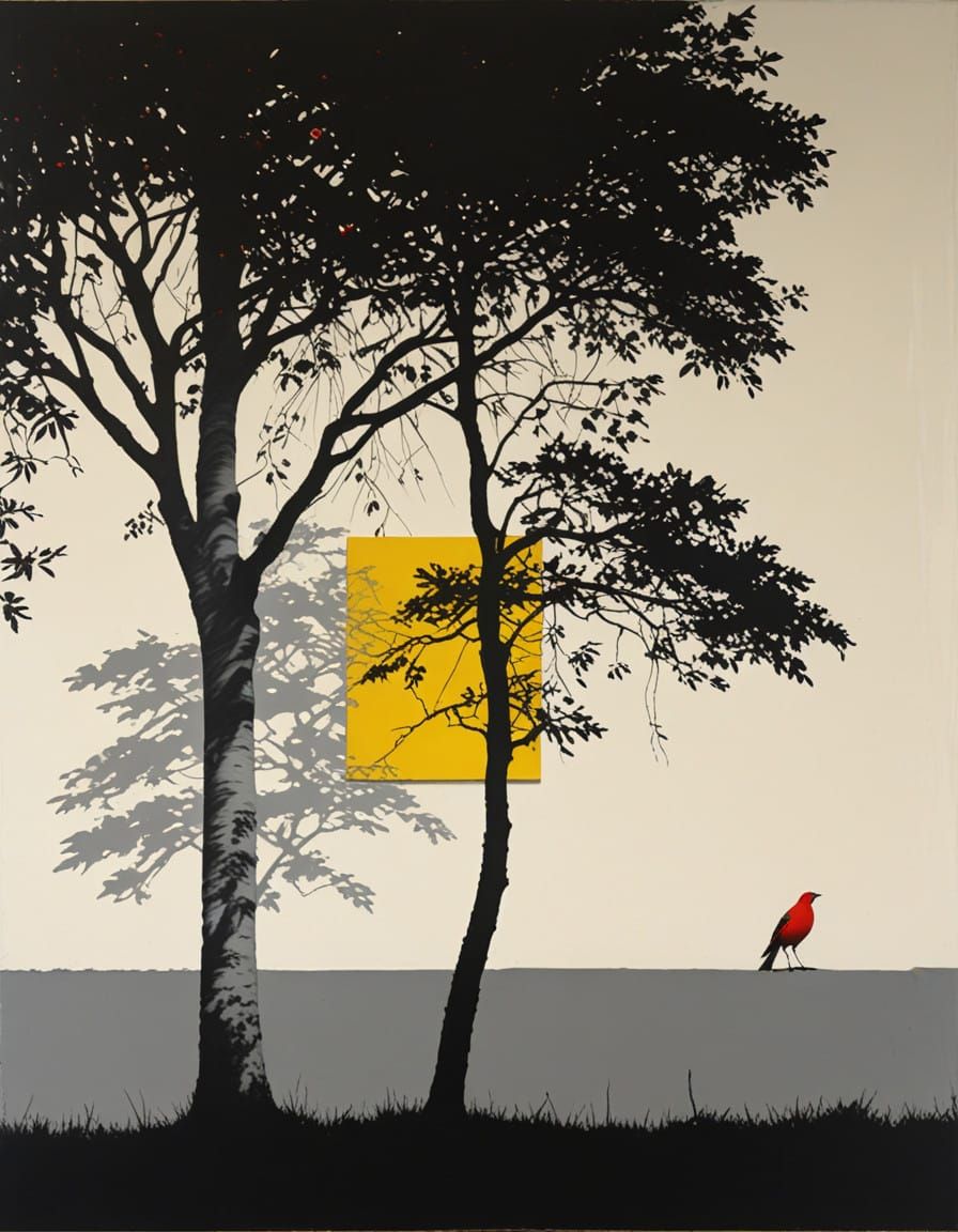 Abstract Expressionism Tree Scene in Warm Yellow and Red