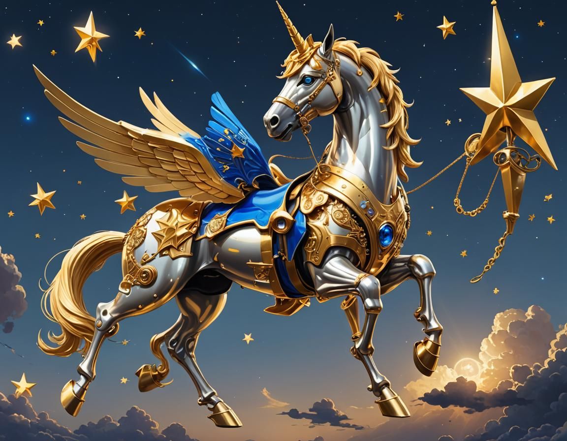 Golden Robot Unicorn Soars in Starry Sky