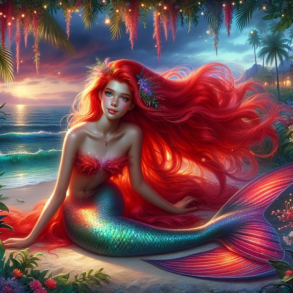 Enchanting Mermaid with Long Red Hair on Tropical Beach