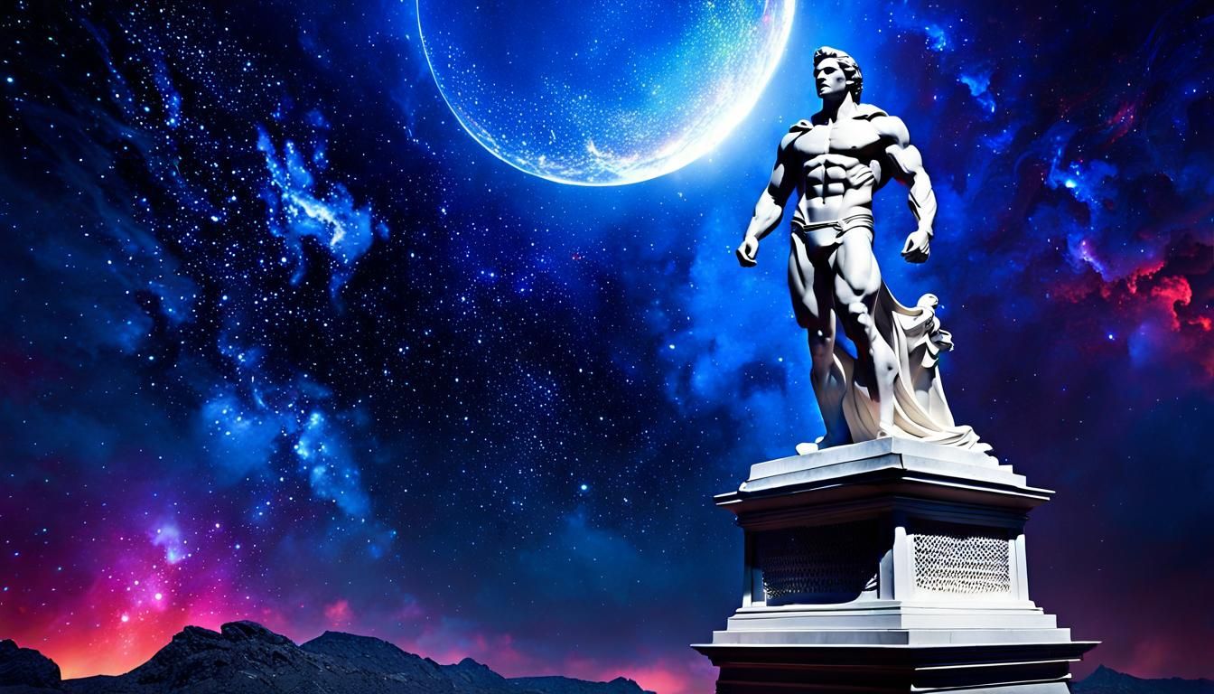 Henry Cavill as Glossy Marble Statue in Cosmic Sky